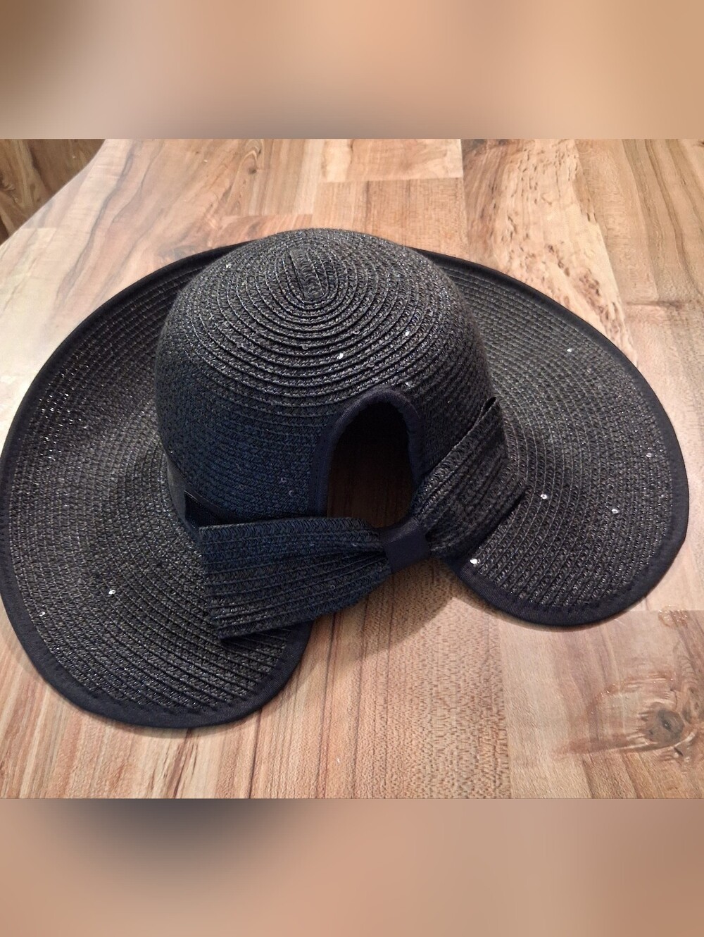 David And Young Black Wide Brim Sun Hat with Bow